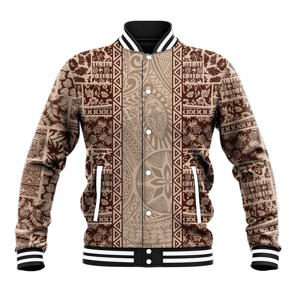 Hawaii Style Hibiscus and Tribal Element Fabric Patchwork Baseball Jacket Beige Version LT03 Unisex Beige - Polynesian Pride