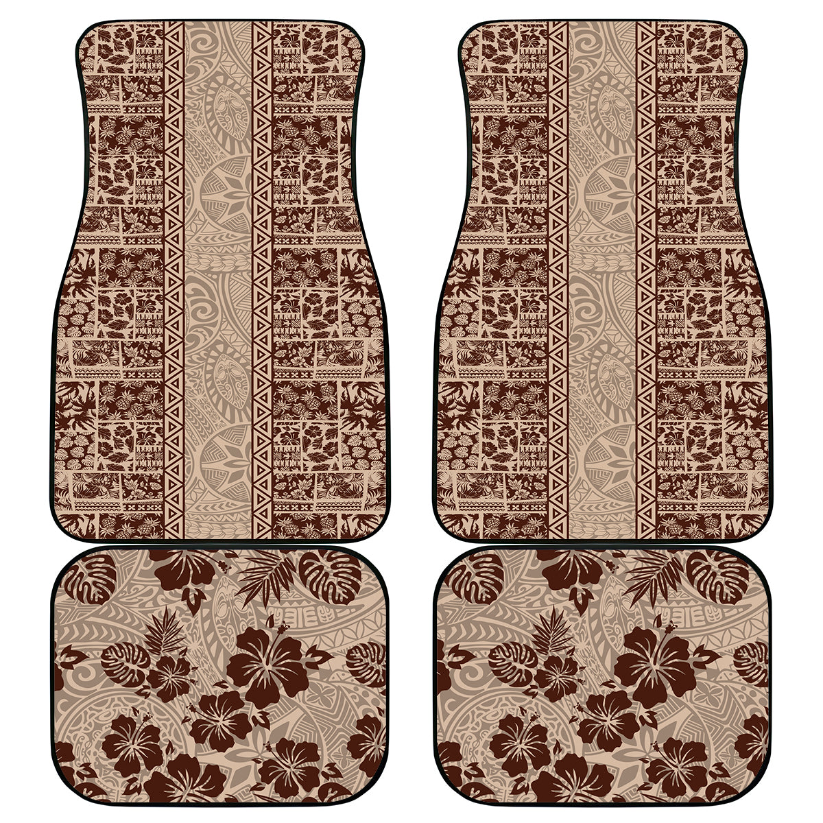 Hawaii Style Hibiscus and Tribal Element Fabric Patchwork Car Mats Beige Version LT03 Beige - Polynesian Pride