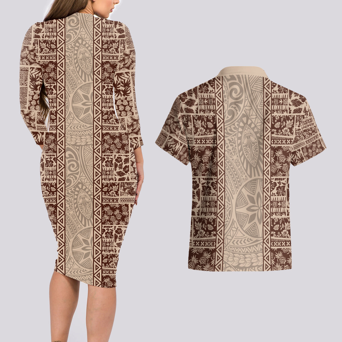 Hawaii Style Hibiscus and Tribal Element Fabric Patchwork Couples Matching Long Sleeve Bodycon Dress and Hawaiian Shirt Beige Version LT03 - Polynesian Pride