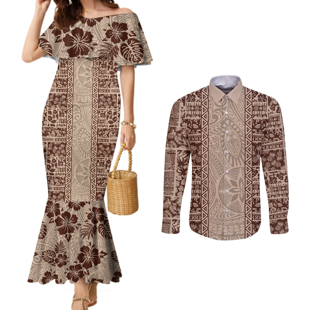 Hawaii Style Hibiscus and Tribal Element Fabric Patchwork Couples Matching Mermaid Dress and Long Sleeve Button Shirt Beige Version LT03 Beige - Polynesian Pride
