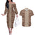 Hawaii Style Hibiscus and Tribal Element Fabric Patchwork Couples Matching Off The Shoulder Long Sleeve Dress and Hawaiian Shirt Beige Version LT03 Beige - Polynesian Pride