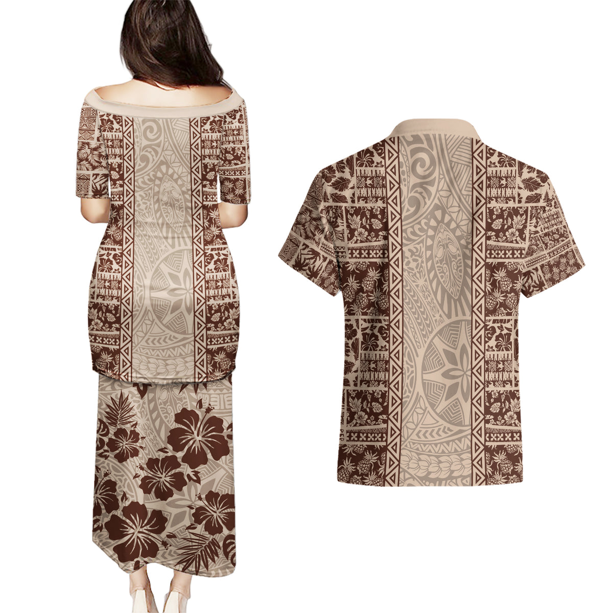 Hawaii Style Hibiscus and Tribal Element Fabric Patchwork Couples Matching Puletasi Dress and Hawaiian Shirt Beige Version LT03 - Polynesian Pride