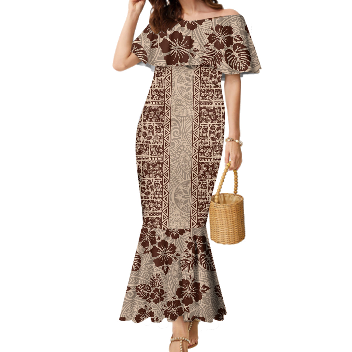 Hawaii Style Hibiscus and Tribal Element Fabric Patchwork Family Matching Mermaid Dress and Hawaiian Shirt Beige Version LT03 Mom's Dress Beige - Polynesian Pride