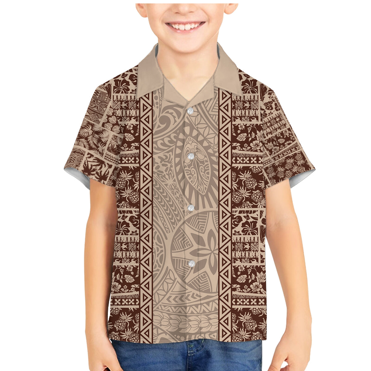 Hawaii Style Hibiscus and Tribal Element Fabric Patchwork Family Matching Mermaid Dress and Hawaiian Shirt Beige Version LT03 Son's Shirt Beige - Polynesian Pride