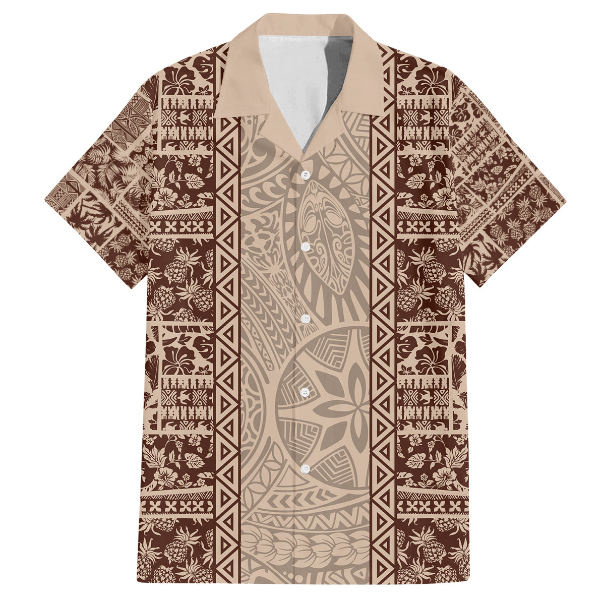 Hawaii Style Hibiscus and Tribal Element Fabric Patchwork Family Matching Off Shoulder Long Sleeve Dress and Hawaiian Shirt Beige Version LT03 Dad's Shirt - Short Sleeve Beige - Polynesian Pride