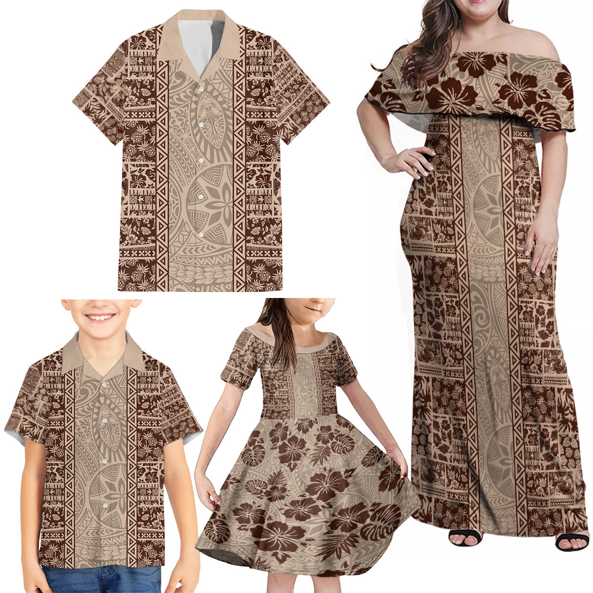 Hawaii Style Hibiscus and Tribal Element Fabric Patchwork Family Matching Off Shoulder Maxi Dress and Hawaiian Shirt Beige Version LT03 - Polynesian Pride