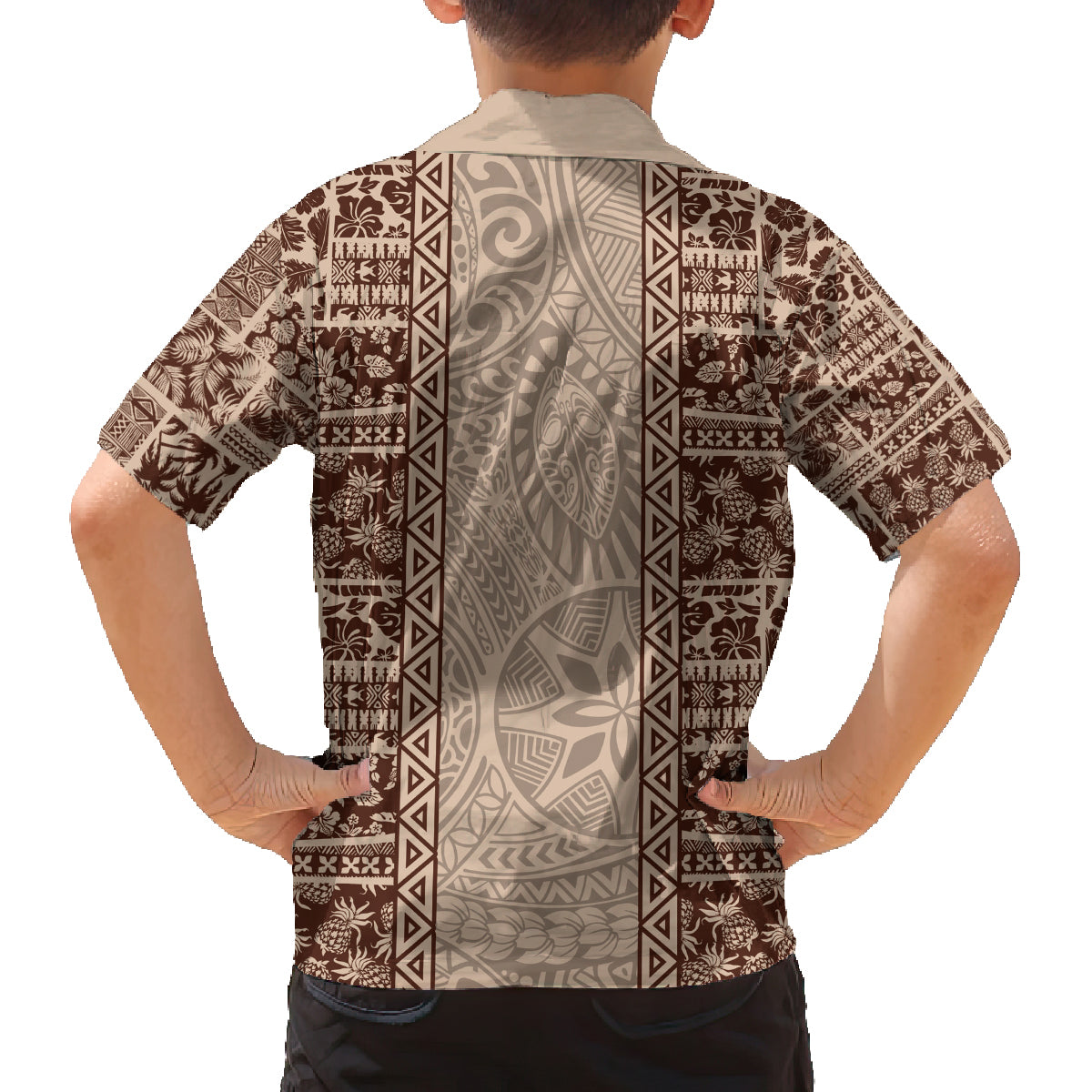 Hawaii Style Hibiscus and Tribal Element Fabric Patchwork Family Matching Puletasi Dress and Hawaiian Shirt Beige Version LT03 - Polynesian Pride