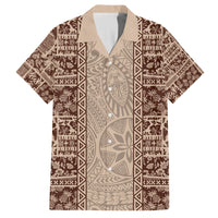 Hawaii Style Hibiscus and Tribal Element Fabric Patchwork Family Matching Puletasi Dress and Hawaiian Shirt Beige Version LT03 Dad's Shirt - Short Sleeve Beige - Polynesian Pride