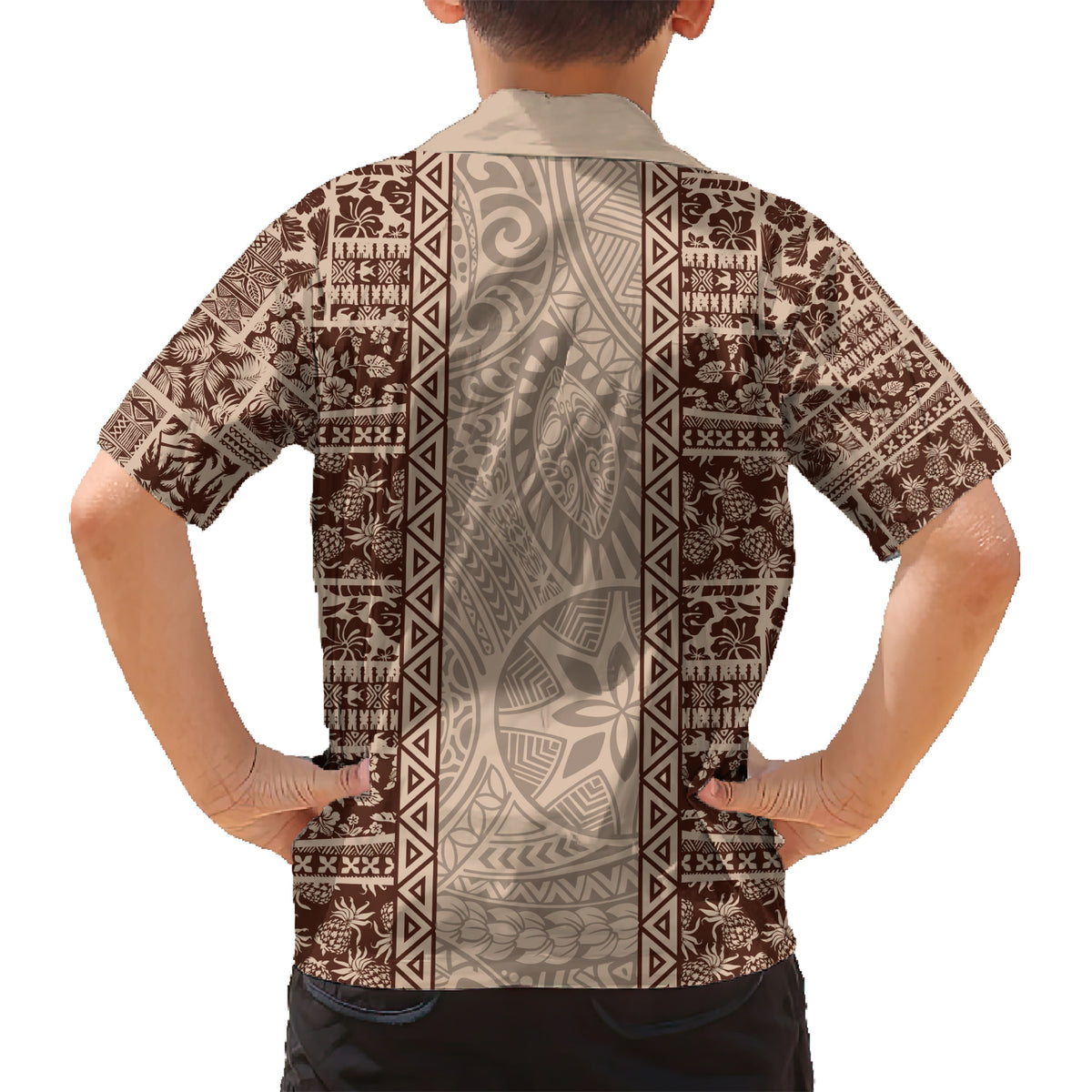Hawaii Style Hibiscus and Tribal Element Fabric Patchwork Hawaiian Shirt Beige Version LT03 - Polynesian Pride