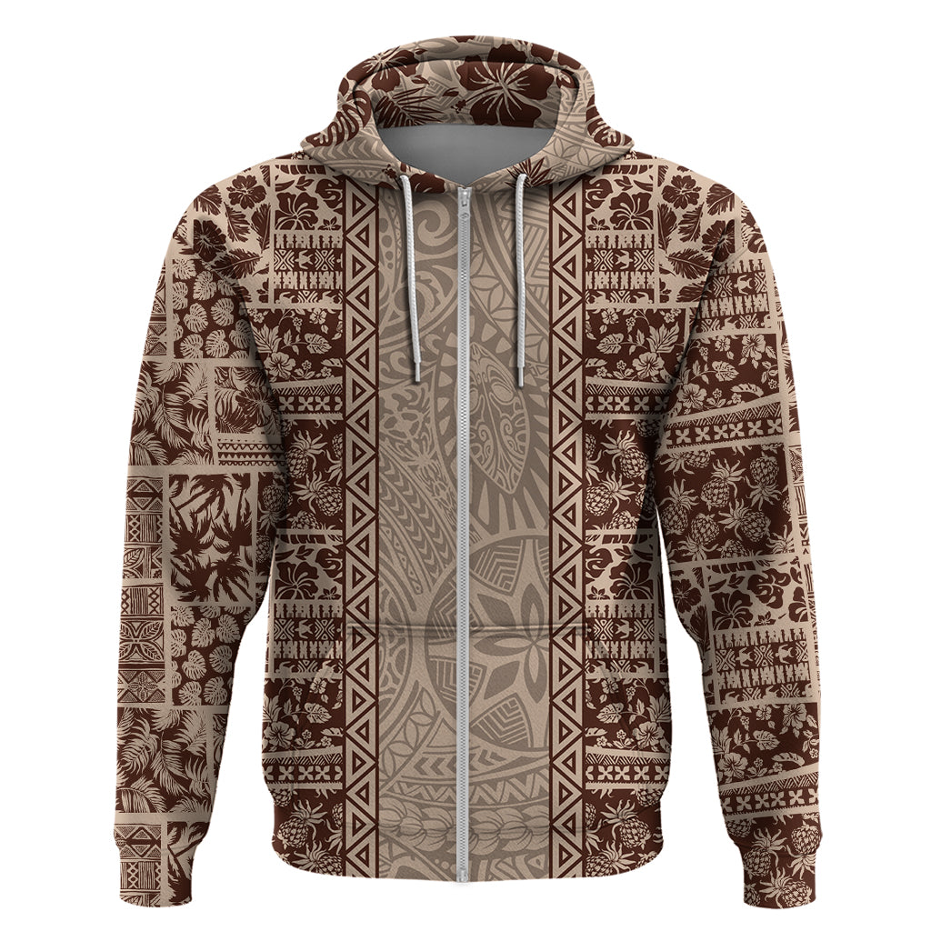 Hawaii Style Hibiscus and Tribal Element Fabric Patchwork Hoodie Beige Version LT03 Zip Hoodie Beige - Polynesian Pride