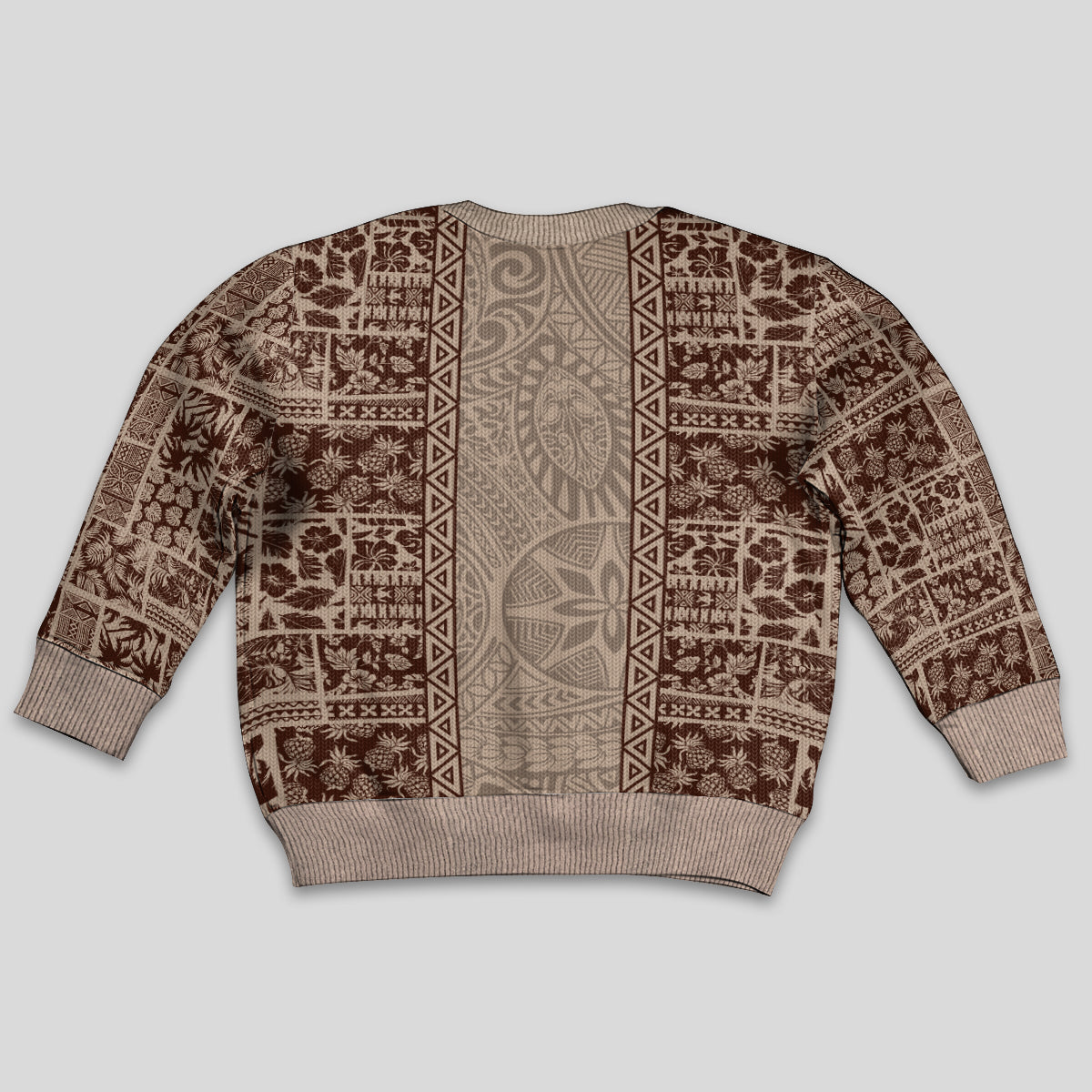 Hawaii Style Hibiscus and Tribal Element Fabric Patchwork Kid Ugly Christmas Sweater Beige Version LT03 - Polynesian Pride