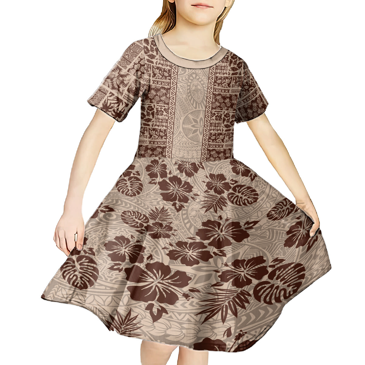 Hawaii Style Hibiscus and Tribal Element Fabric Patchwork Kid Short Sleeve Dress Beige Version LT03 - Polynesian Pride