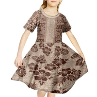Hawaii Style Hibiscus and Tribal Element Fabric Patchwork Kid Short Sleeve Dress Beige Version LT03 - Polynesian Pride
