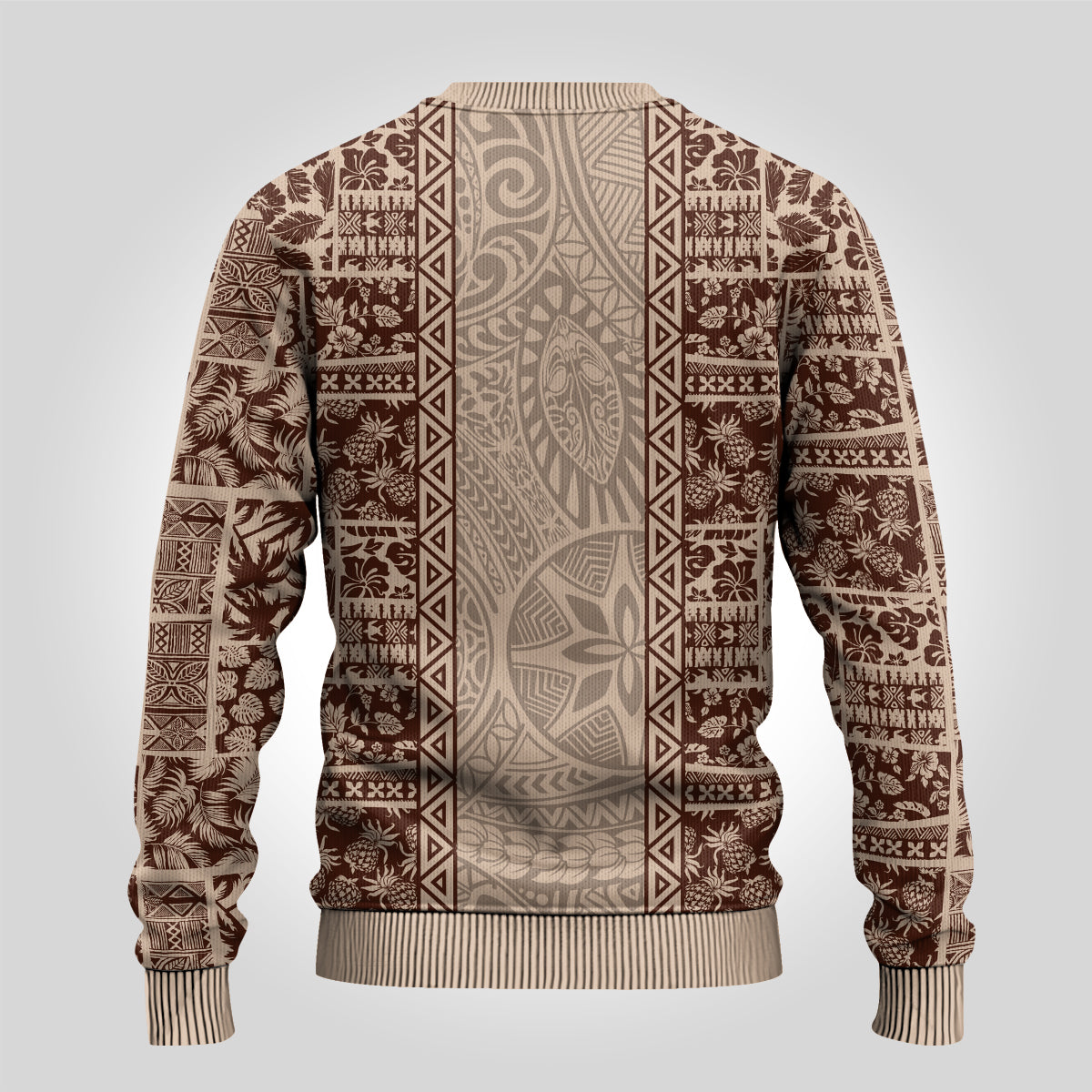 Hawaii Style Hibiscus and Tribal Element Fabric Patchwork Ugly Christmas Sweater Beige Version LT03 - Polynesian Pride