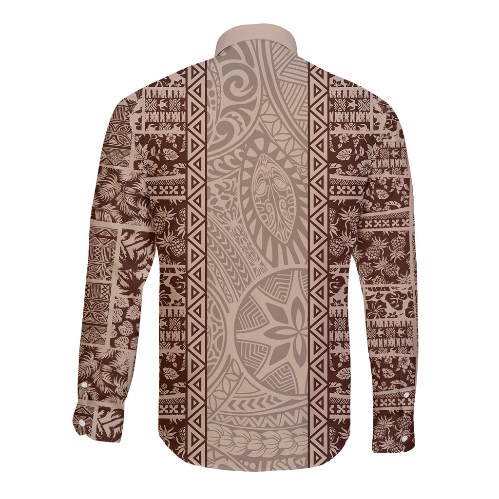 Hawaii Style Hibiscus and Tribal Element Fabric Patchwork Long Sleeve Button Shirt Beige Version LT03 - Polynesian Pride