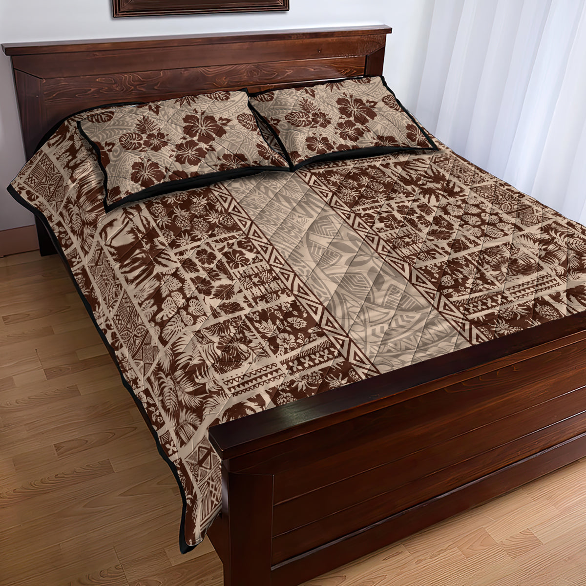 Hawaii Style Hibiscus and Tribal Element Fabric Patchwork Quilt Bed Set Beige Version LT03 - Polynesian Pride
