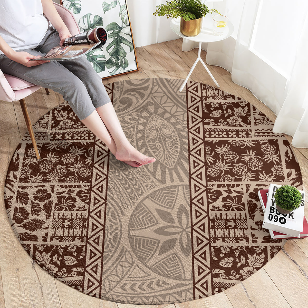 Hawaii Style Hibiscus and Tribal Element Fabric Patchwork Round Carpet Beige Version LT03 - Polynesian Pride