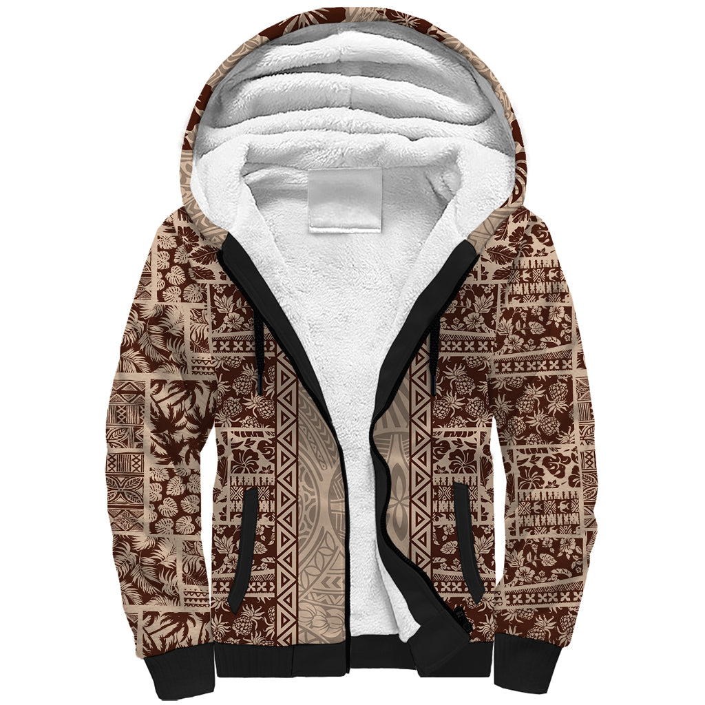 Hawaii Style Hibiscus and Tribal Element Fabric Patchwork Sherpa Hoodie Beige Version LT03 Unisex Beige - Polynesian Pride