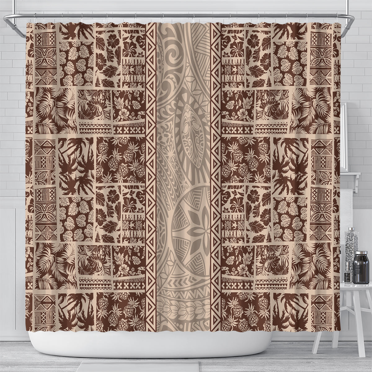 Hawaii Style Hibiscus and Tribal Element Fabric Patchwork Shower Curtain Beige Version LT03 - Polynesian Pride