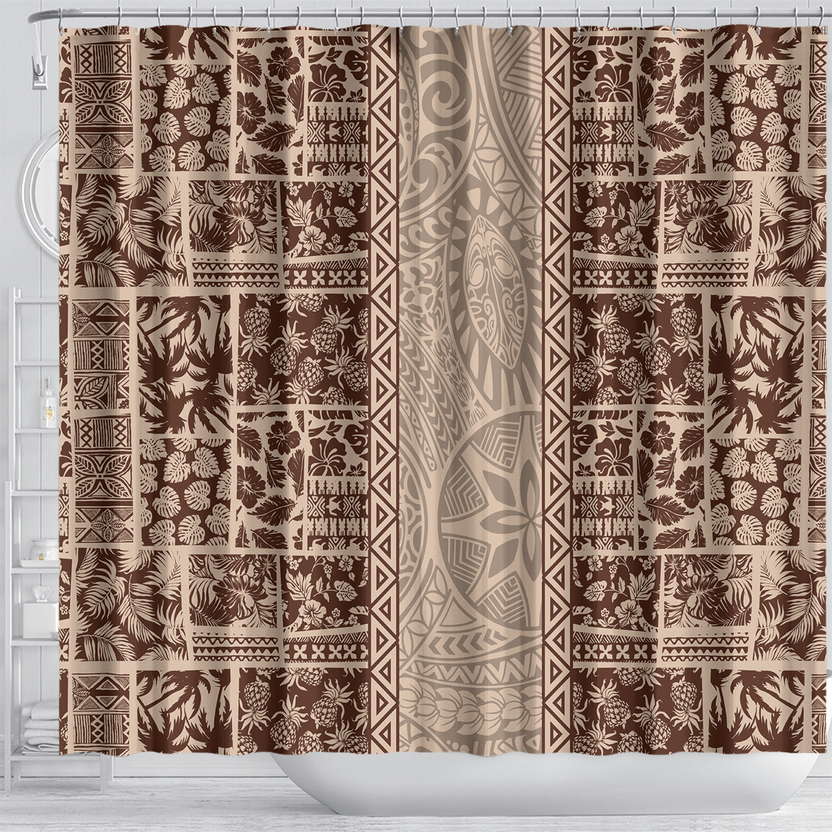 Hawaii Style Hibiscus and Tribal Element Fabric Patchwork Shower Curtain Beige Version LT03 - Polynesian Pride