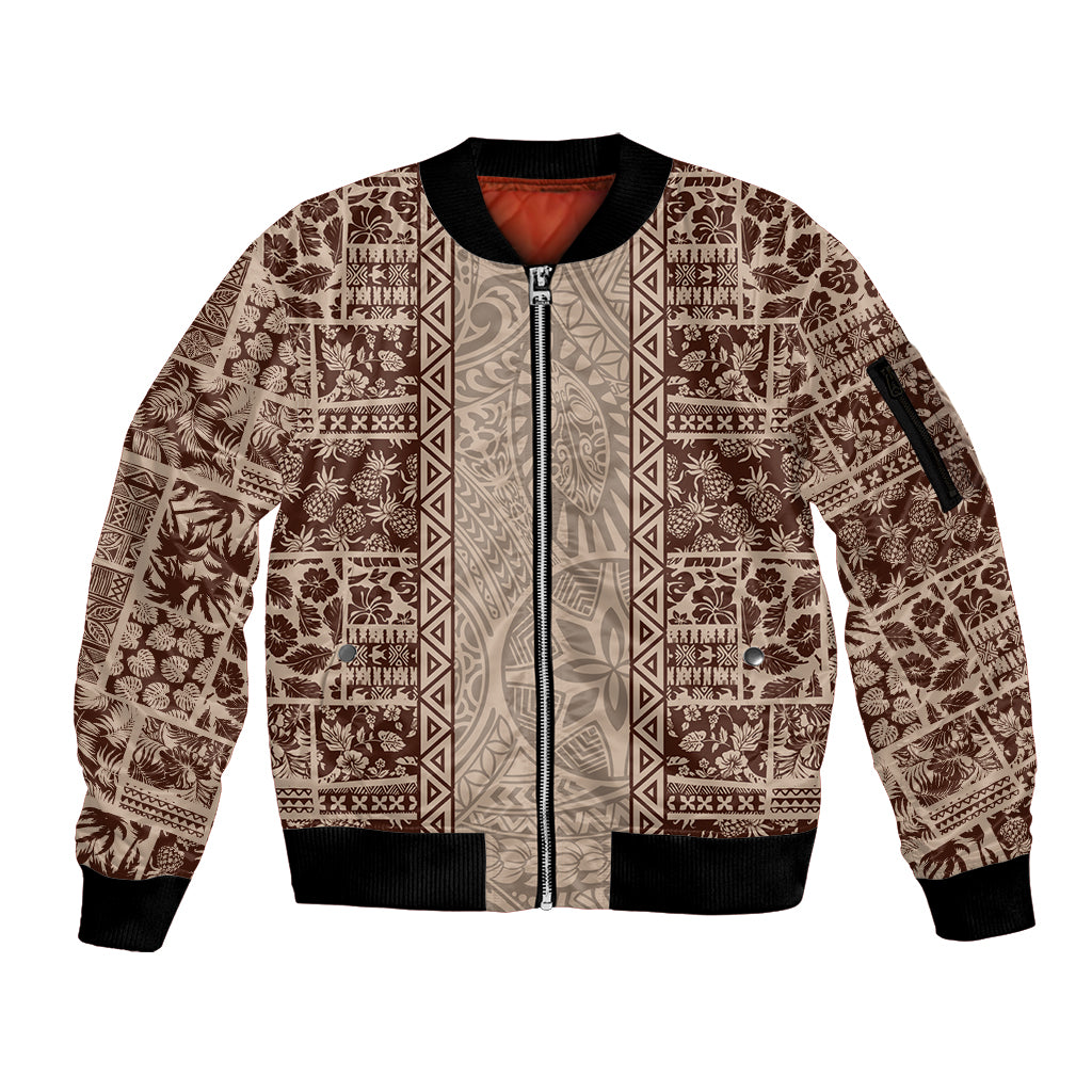 Hawaii Style Hibiscus and Tribal Element Fabric Patchwork Sleeve Zip Bomber Jacket Beige Version LT03 Unisex Beige - Polynesian Pride