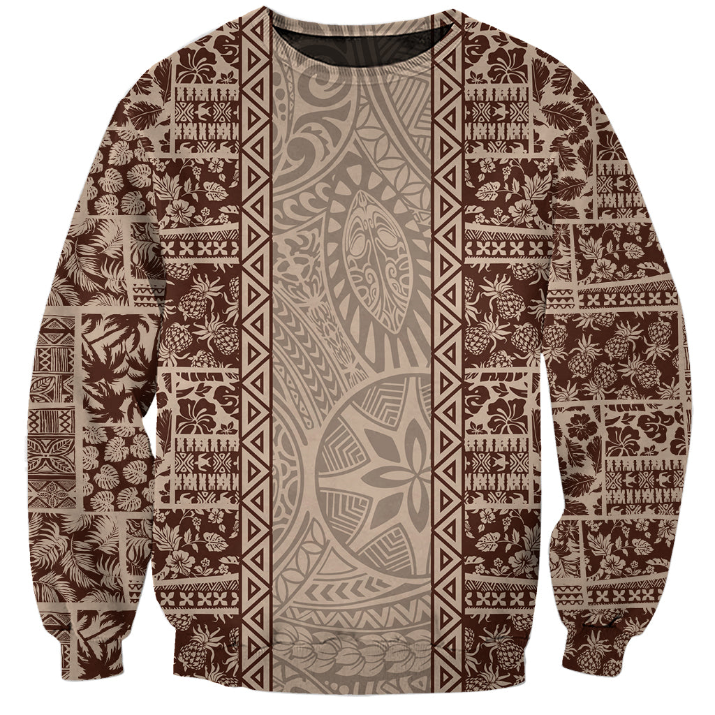 Hawaii Style Hibiscus and Tribal Element Fabric Patchwork Sweatshirt Beige Version LT03 Unisex Beige - Polynesian Pride