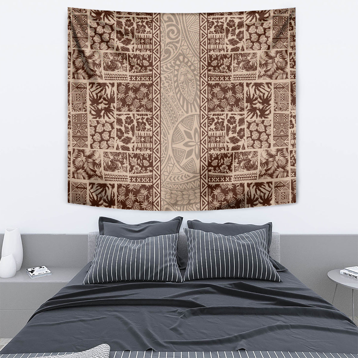 Hawaii Style Hibiscus and Tribal Element Fabric Patchwork Tapestry Beige Version LT03 - Polynesian Pride