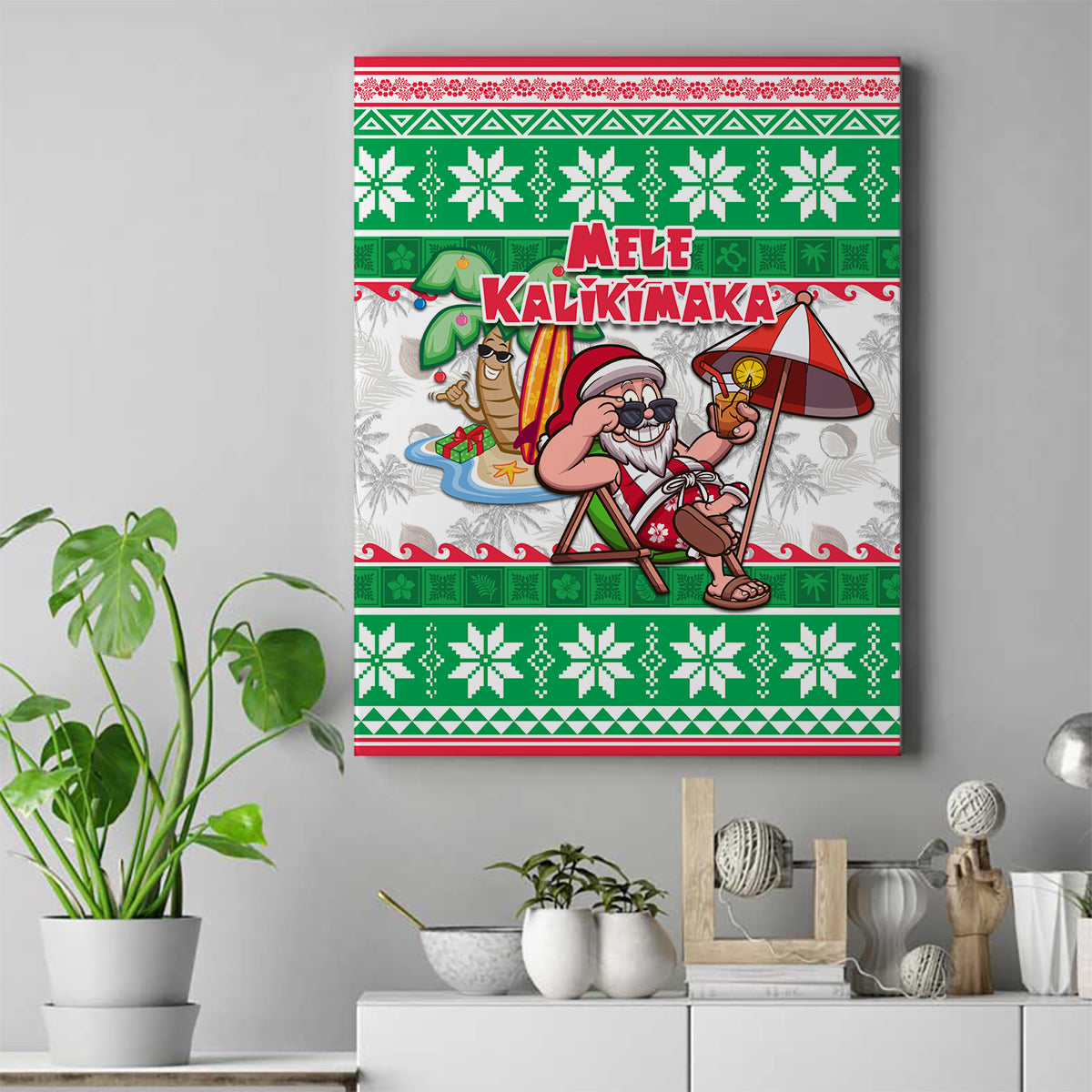 Hawaii Mele Kalikimaka Canvas Wall Art Aloha Santa and Palm Tree Mix Kakau Pattern LT03 Green - Polynesian Pride