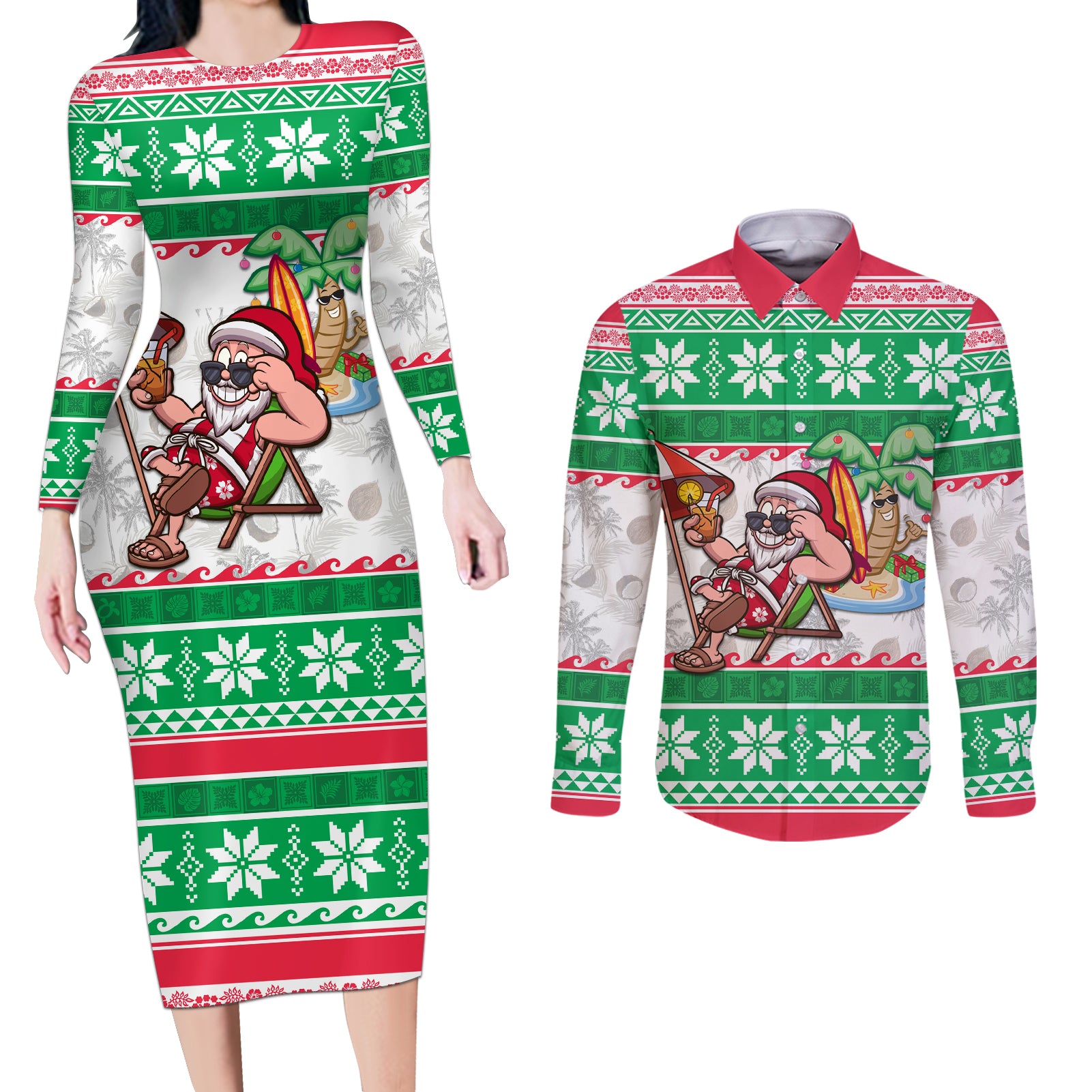 Hawaii Mele Kalikimaka Couples Matching Long Sleeve Bodycon Dress and Long Sleeve Button Shirt Aloha Santa and Palm Tree Mix Kakau Pattern LT03 Green - Polynesian Pride