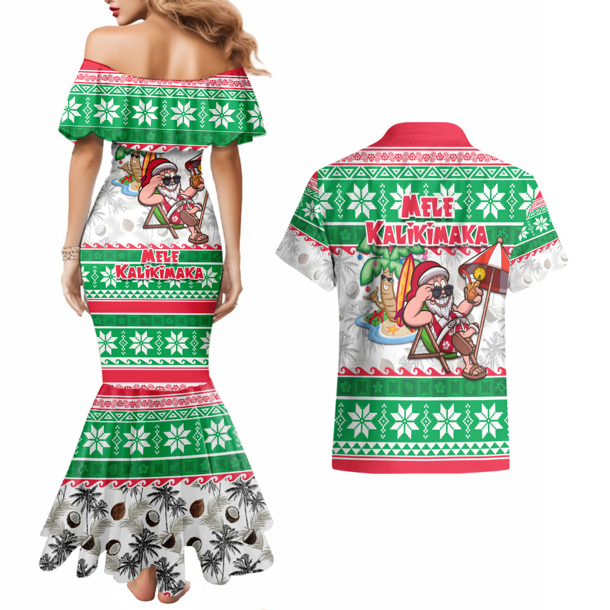 Hawaii Mele Kalikimaka Couples Matching Mermaid Dress and Hawaiian Shirt Aloha Santa and Palm Tree Mix Kakau Pattern LT03 - Polynesian Pride