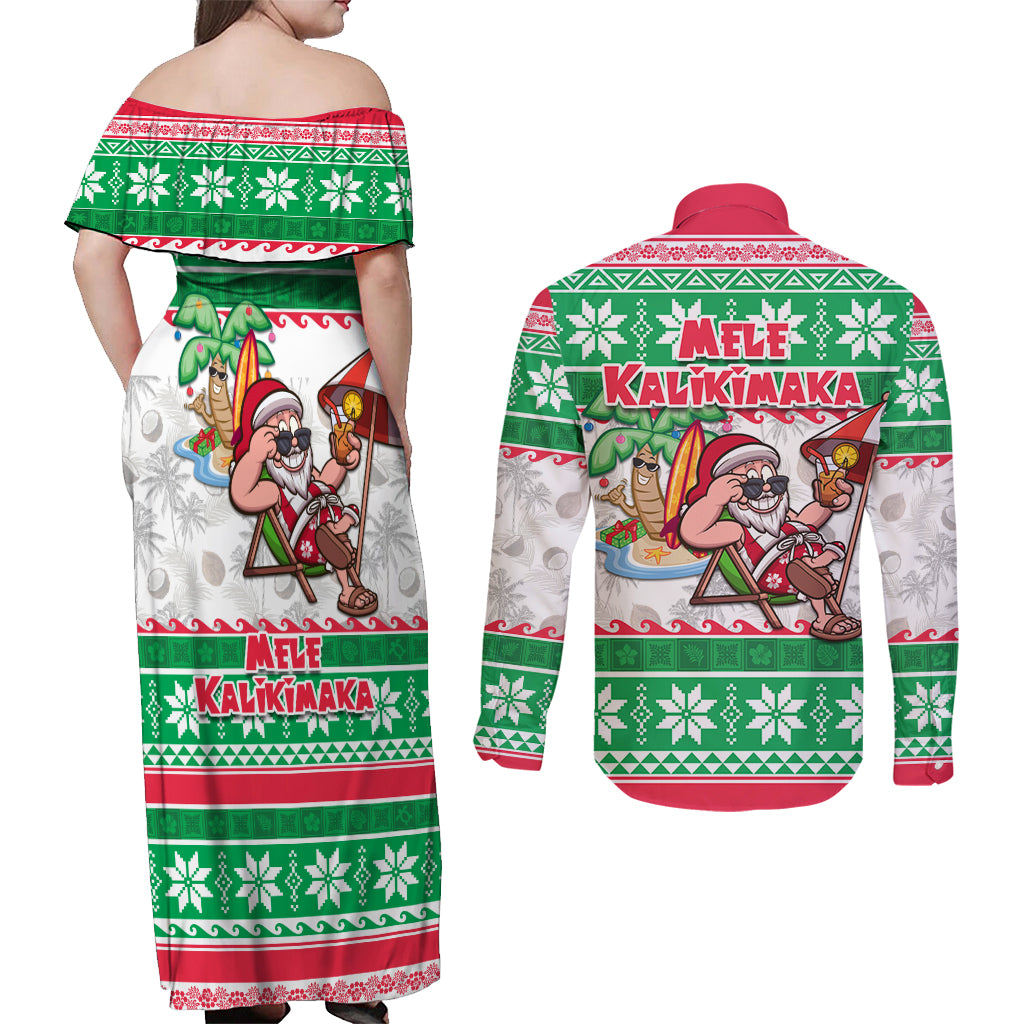 Hawaii Mele Kalikimaka Couples Matching Off Shoulder Maxi Dress and Long Sleeve Button Shirt Aloha Santa and Palm Tree Mix Kakau Pattern LT03 - Polynesian Pride