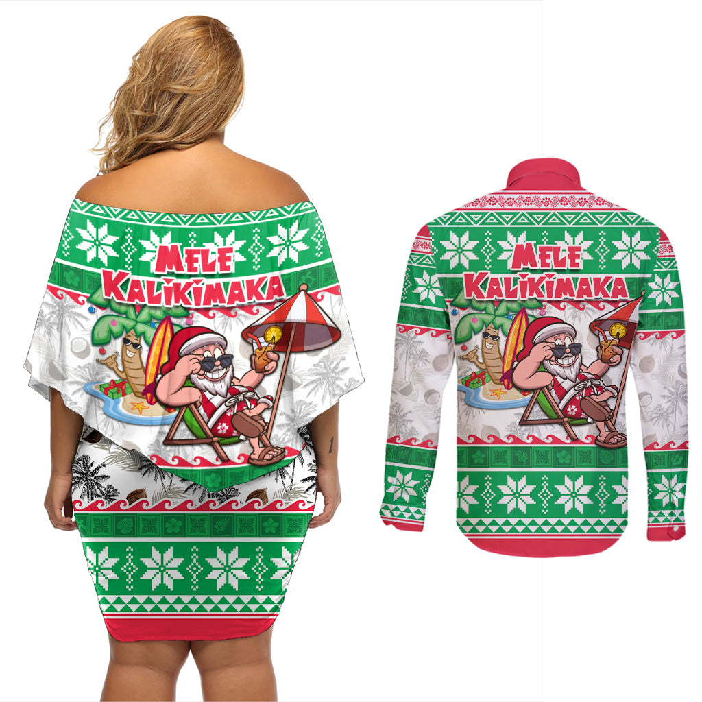 Hawaii Mele Kalikimaka Couples Matching Off Shoulder Short Dress and Long Sleeve Button Shirt Aloha Santa and Palm Tree Mix Kakau Pattern LT03 - Polynesian Pride