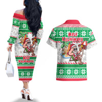 Hawaii Mele Kalikimaka Couples Matching Off The Shoulder Long Sleeve Dress and Hawaiian Shirt Aloha Santa and Palm Tree Mix Kakau Pattern LT03 - Polynesian Pride