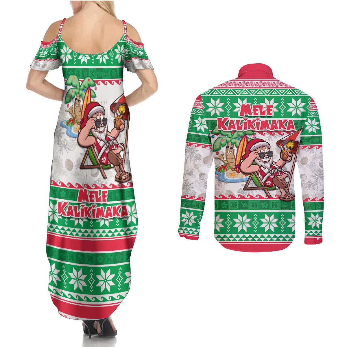 Hawaii Mele Kalikimaka Couples Matching Summer Maxi Dress and Long Sleeve Button Shirt Aloha Santa and Palm Tree Mix Kakau Pattern LT03 - Polynesian Pride
