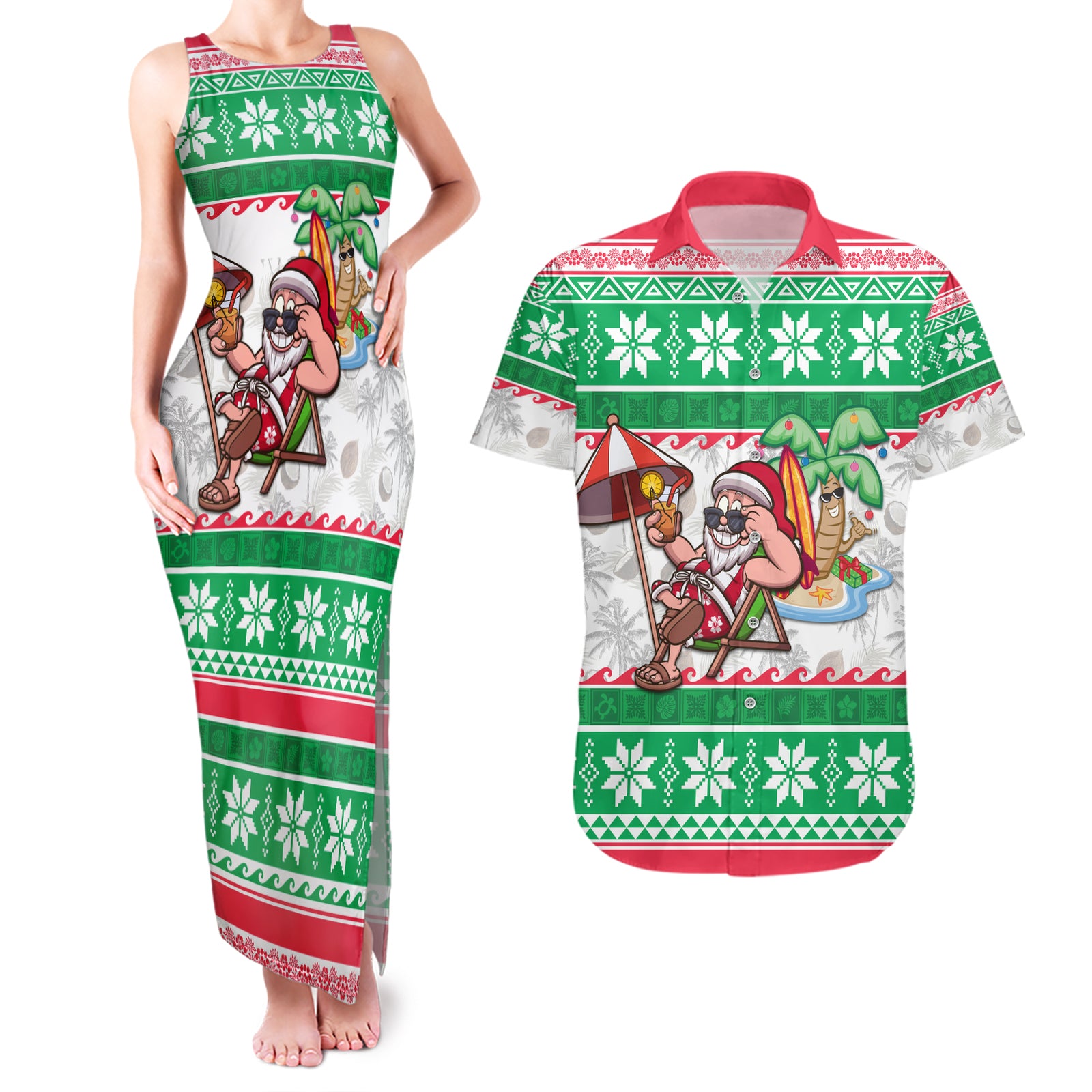 Hawaii Mele Kalikimaka Couples Matching Tank Maxi Dress and Hawaiian Shirt Aloha Santa and Palm Tree Mix Kakau Pattern LT03 Green - Polynesian Pride