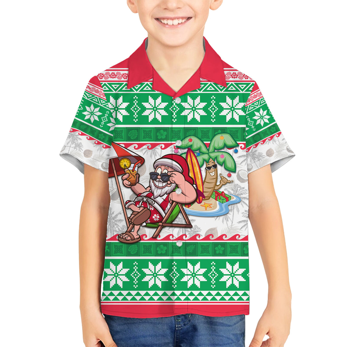 Hawaii Mele Kalikimaka Family Matching Off Shoulder Maxi Dress and Hawaiian Shirt Aloha Santa and Palm Tree Mix Kakau Pattern LT03 Son's Shirt Green - Polynesian Pride