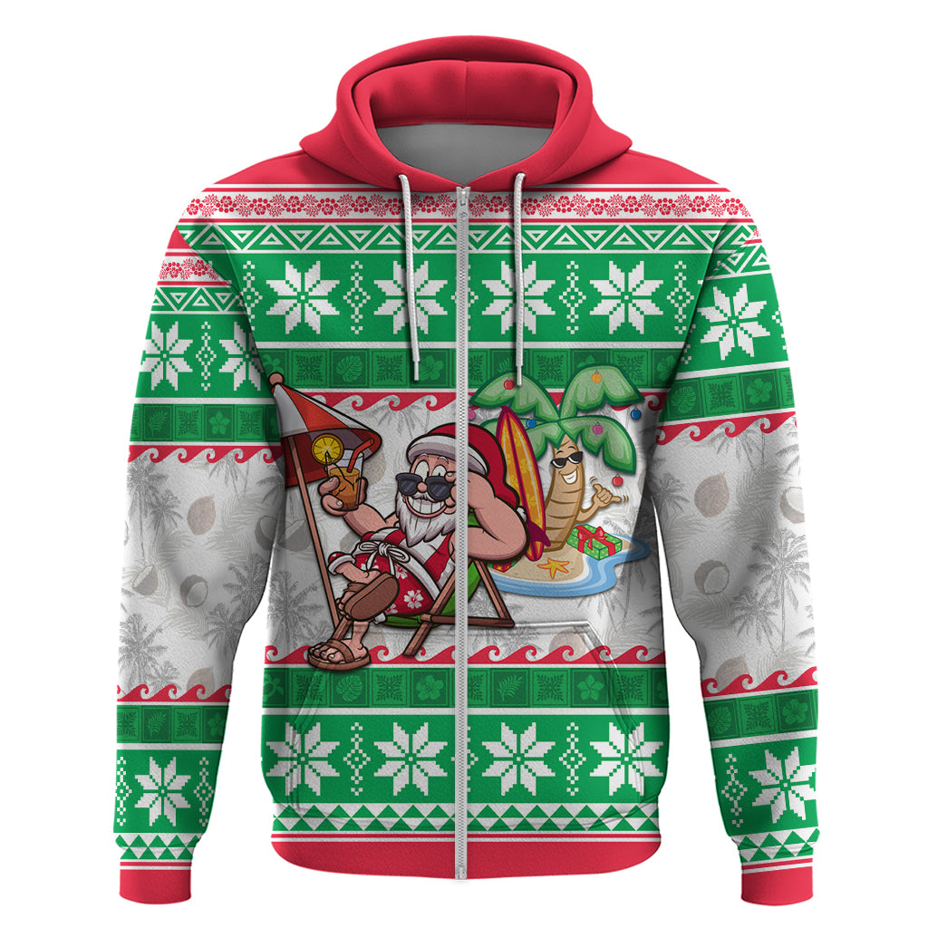Hawaii Mele Kalikimaka Hoodie Aloha Santa and Palm Tree Mix Kakau Pattern LT03 Zip Hoodie Green - Polynesian Pride