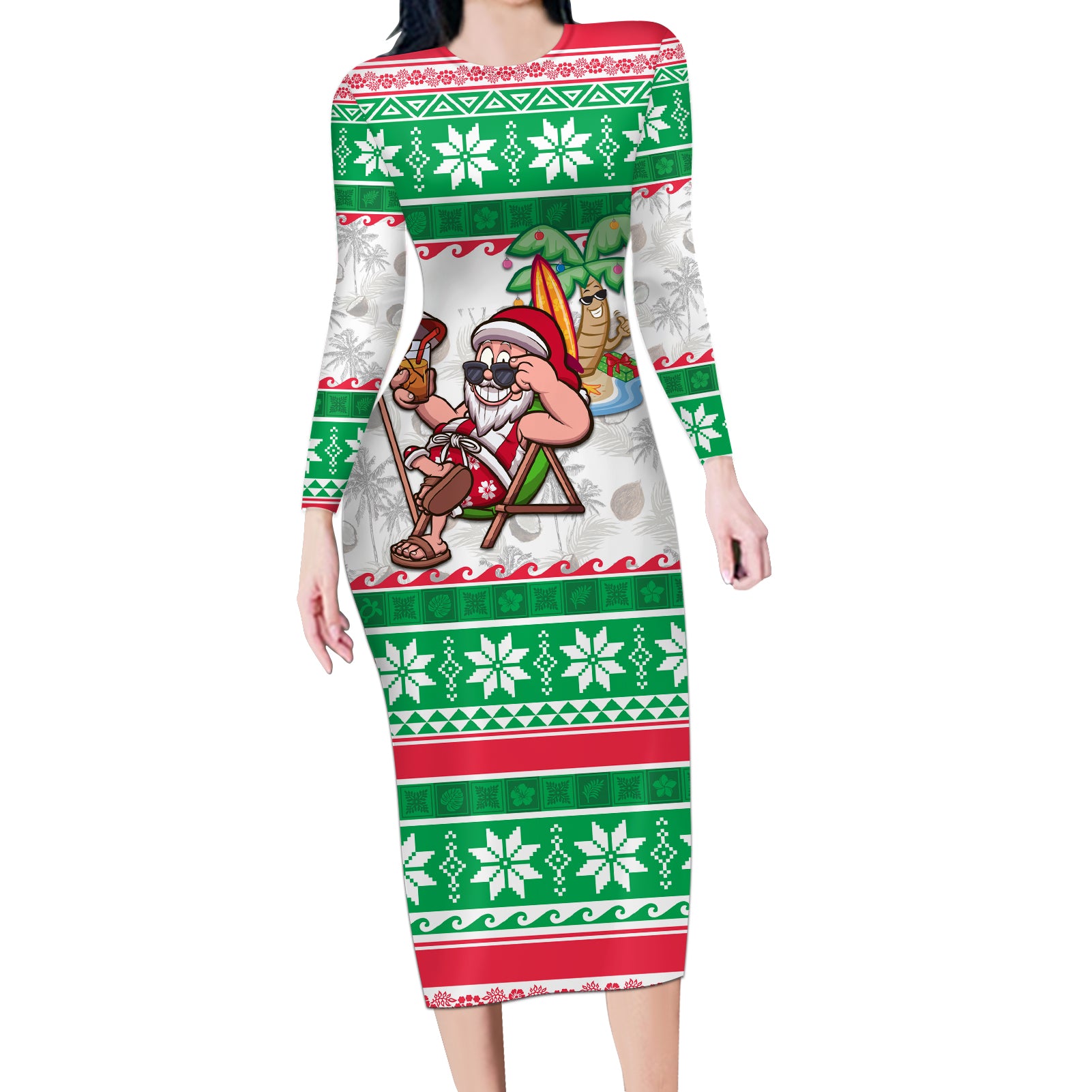 Hawaii Mele Kalikimaka Long Sleeve Bodycon Dress Aloha Santa and Palm Tree Mix Kakau Pattern LT03 Long Dress Green - Polynesian Pride