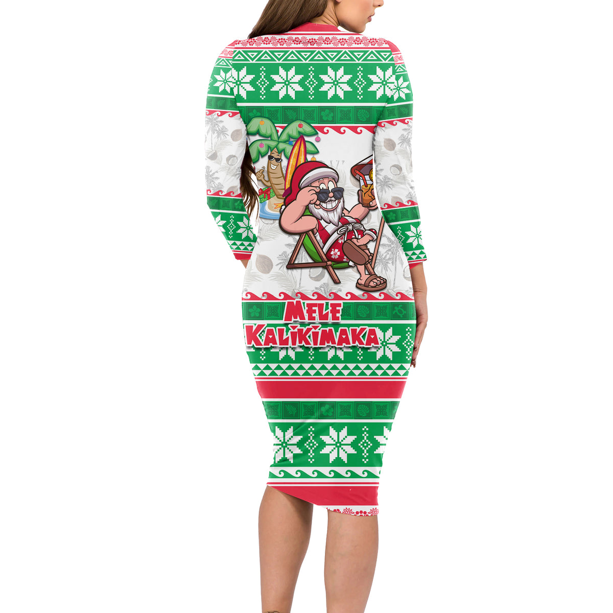 Hawaii Mele Kalikimaka Long Sleeve Bodycon Dress Aloha Santa and Palm Tree Mix Kakau Pattern LT03 - Polynesian Pride