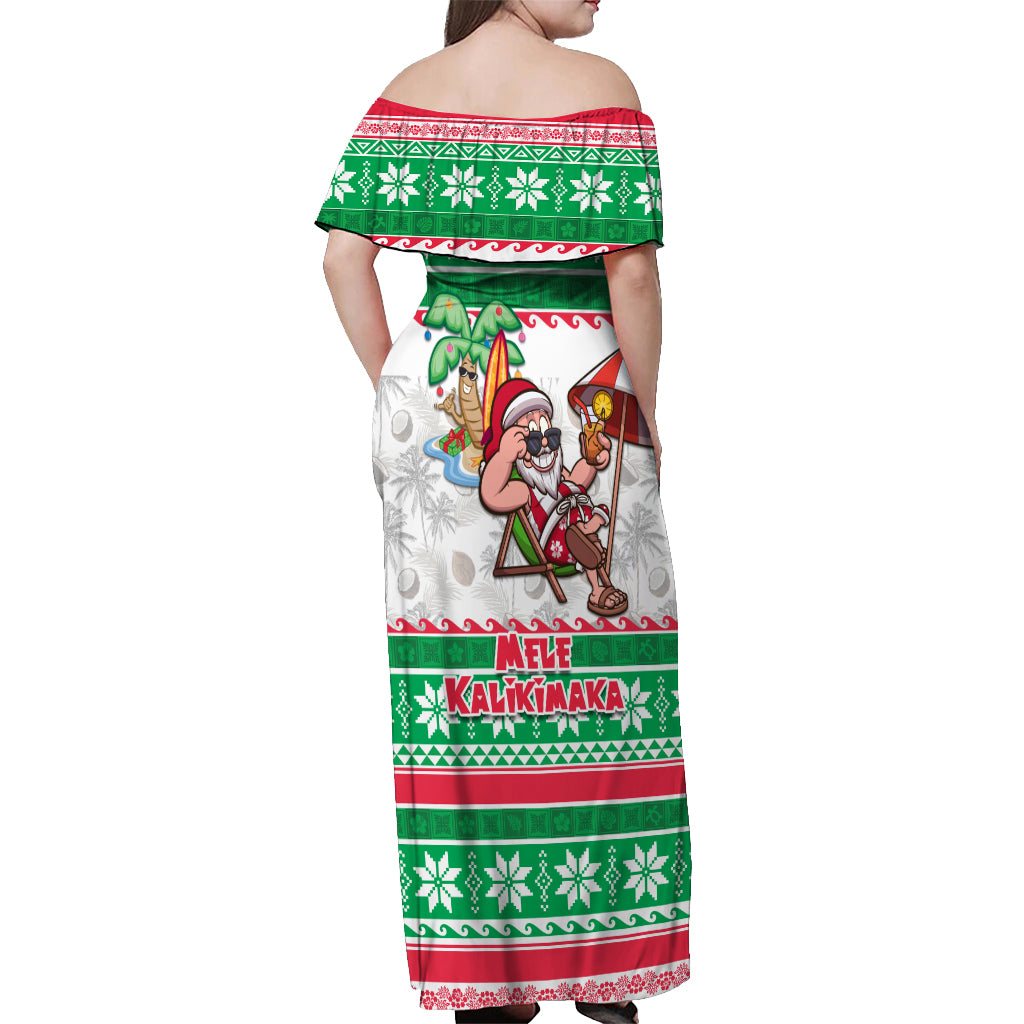 Hawaii Mele Kalikimaka Off Shoulder Maxi Dress Aloha Santa and Palm Tree Mix Kakau Pattern LT03 - Polynesian Pride