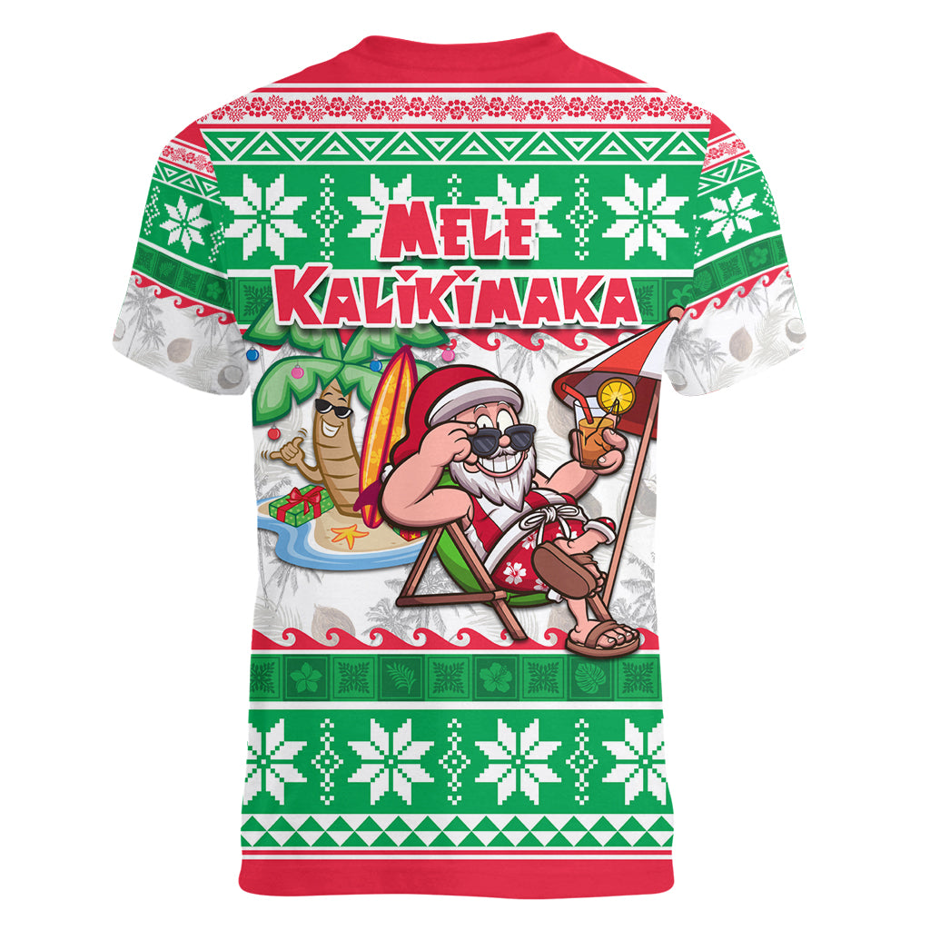 Hawaii Mele Kalikimaka Women V Neck T Shirt Aloha Santa and Palm Tree Mix Kakau Pattern LT03 - Polynesian Pride