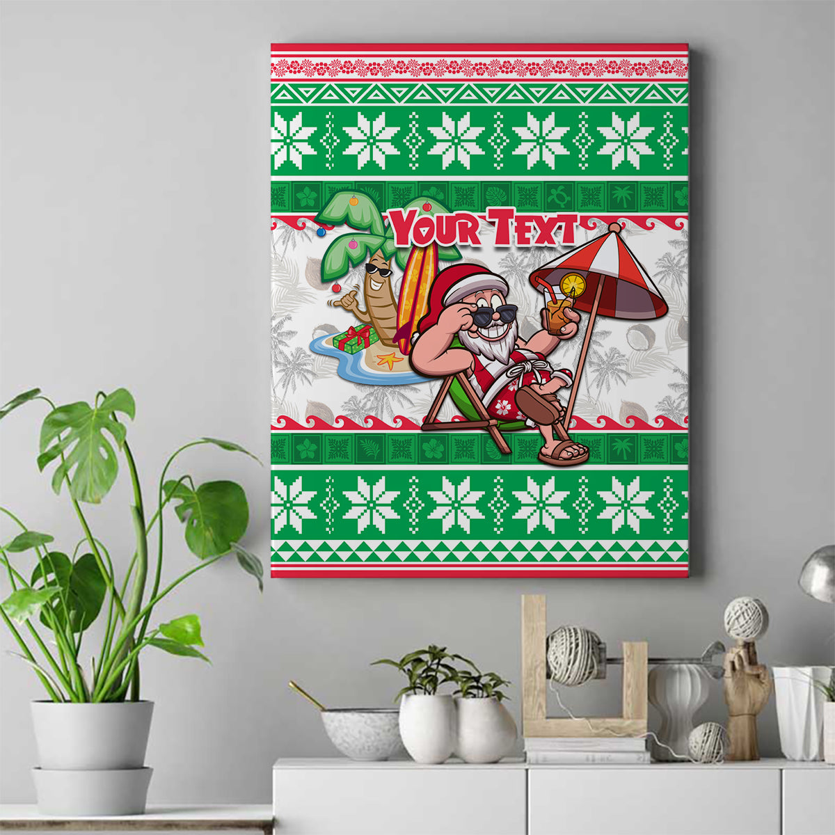 Custom Hawaii Mele Kalikimaka Canvas Wall Art Aloha Santa and Palm Tree Mix Kakau Pattern LT03 Green - Polynesian Pride