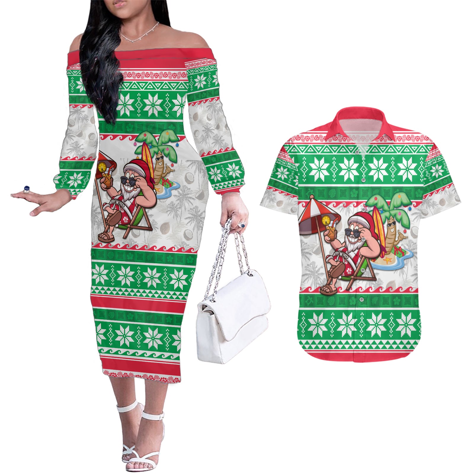 Custom Hawaii Mele Kalikimaka Couples Matching Off The Shoulder Long Sleeve Dress and Hawaiian Shirt Aloha Santa and Palm Tree Mix Kakau Pattern LT03 Green - Polynesian Pride
