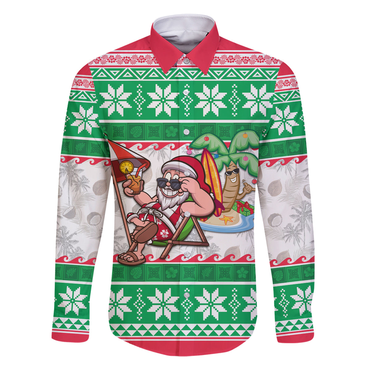 Custom Hawaii Mele Kalikimaka Family Matching Mermaid Dress and Hawaiian Shirt Aloha Santa and Palm Tree Mix Kakau Pattern LT03 Dad's Shirt - Long Sleeve Green - Polynesian Pride