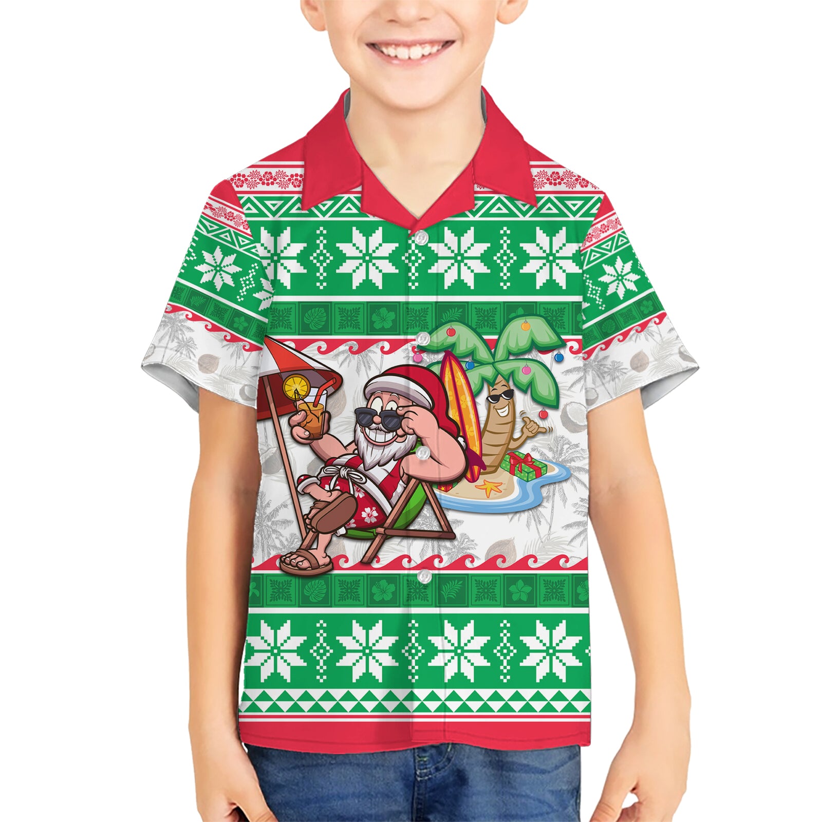 Custom Hawaii Mele Kalikimaka Kid Hawaiian Shirt Aloha Santa and Palm Tree Mix Kakau Pattern LT03 Kid Green - Polynesian Pride