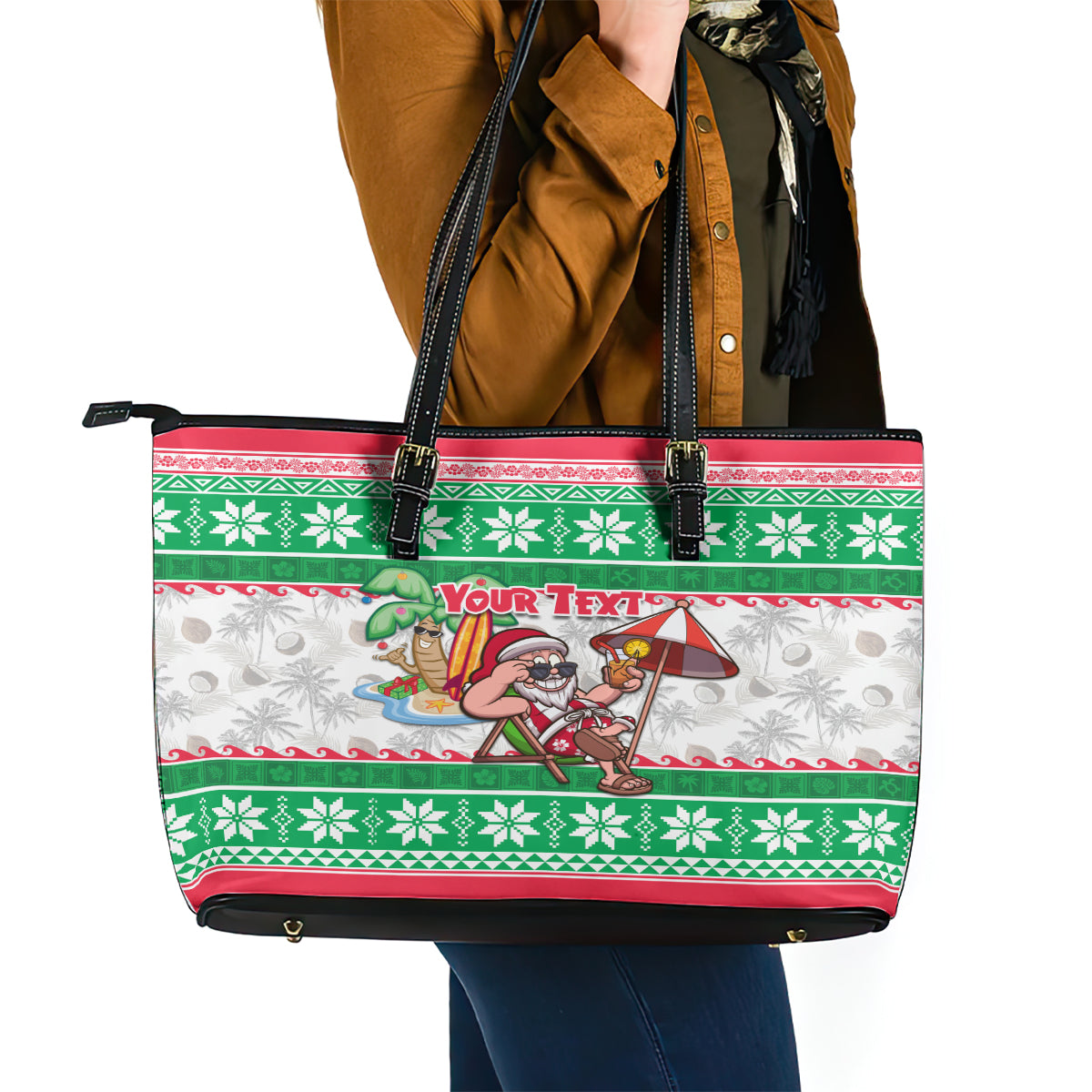 Custom Hawaii Mele Kalikimaka Leather Tote Bag Aloha Santa and Palm Tree Mix Kakau Pattern LT03 - Polynesian Pride