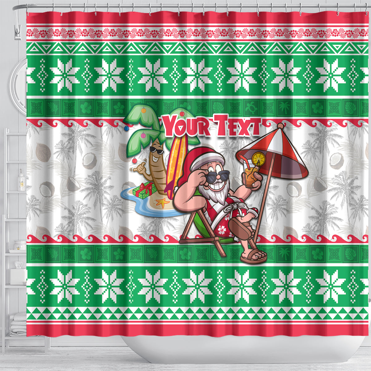 Custom Hawaii Mele Kalikimaka Shower Curtain Aloha Santa and Palm Tree Mix Kakau Pattern LT03 - Polynesian Pride