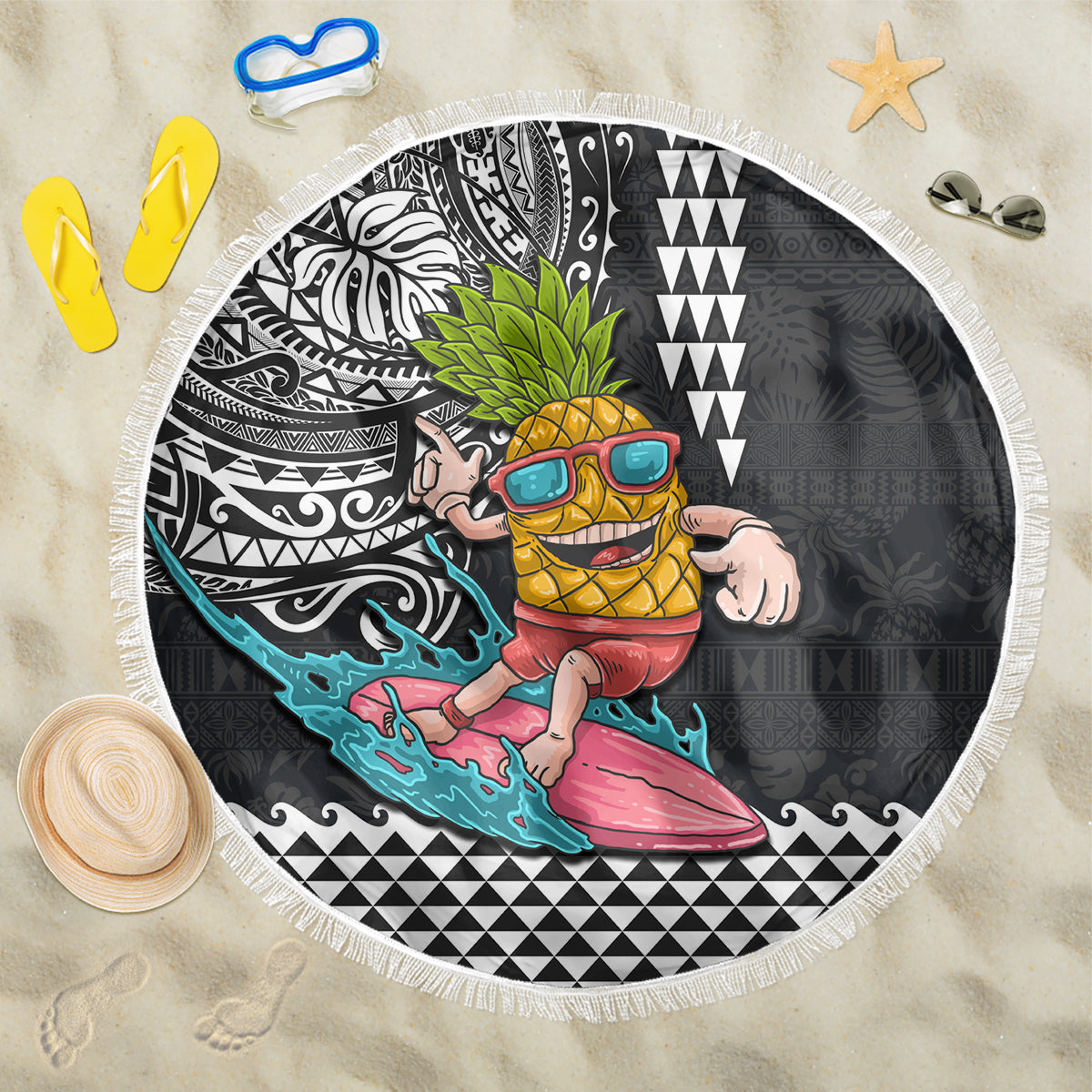 Hawaii Pineapple Surfing With Kakau Tribal Beach Blanket LT03 One Size 150cm Brown - Polynesian Pride
