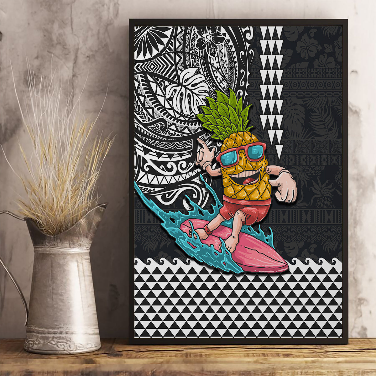 Hawaii Pineapple Surfing With Kakau Tribal Canvas Wall Art LT03 - Polynesian Pride