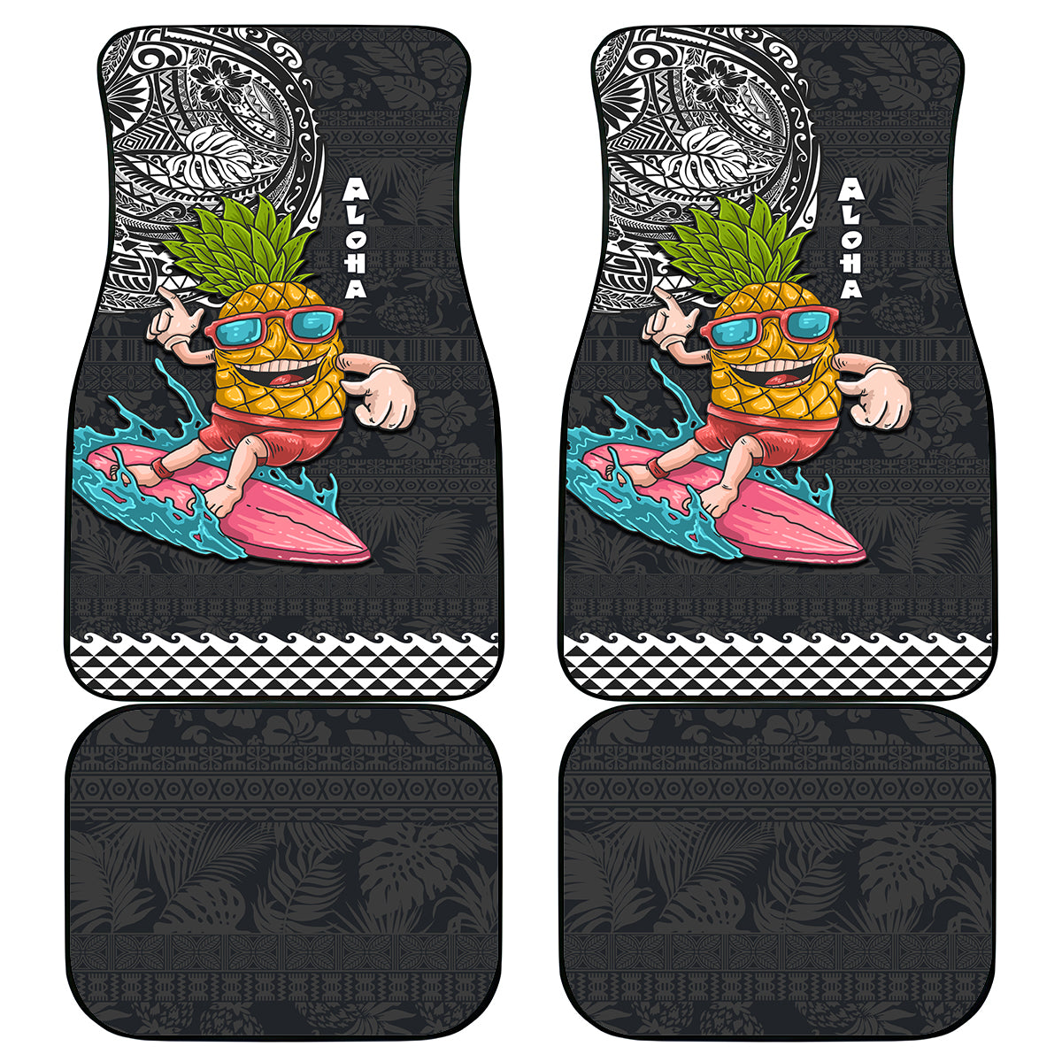 Hawaii Pineapple Surfing With Kakau Tribal Car Mats LT03 Brown - Polynesian Pride